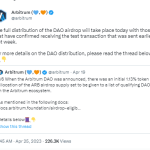 Arbitrum已开始为生态中的DAO全面发放初始ARB分配，共计约1.12亿枚