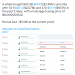 数据：某巨鲸因在近2天购买PEPE，产生约54.1万美元损失