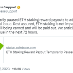 Coinbase因技术问题暂停ETH质押奖励提款，将在3天内解决