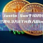 数据：Justin Sun于10月4日至目前已将4.3万ETH存入Binacne